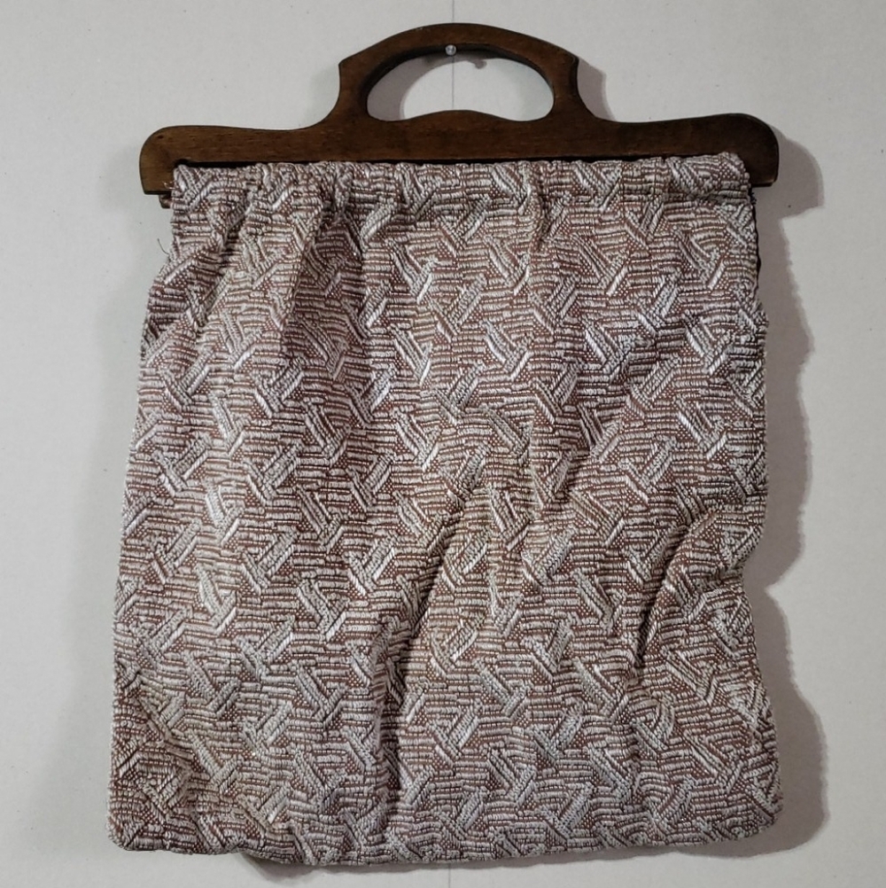 VINTAGE 70s Knit Neutral Fabric Handbag with Wood Handles, Yarn Bag, Clutter Bag